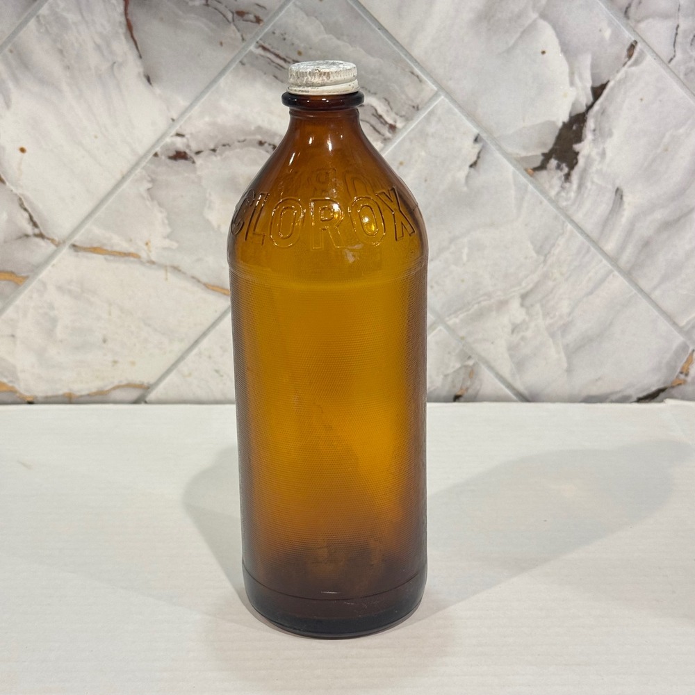 Vintage Clorox Amber Glass Bleach Bottle Embossed Original Metal Cap Advertising